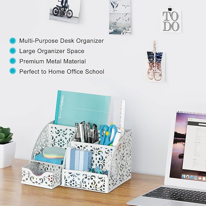 EasyPAG Pen Holder Desk Organizer with Drawer Pencil Cup for Desk 6 Compartments Metal Office Caddy Storage with Sticky Notes Holder for School Home Office, White