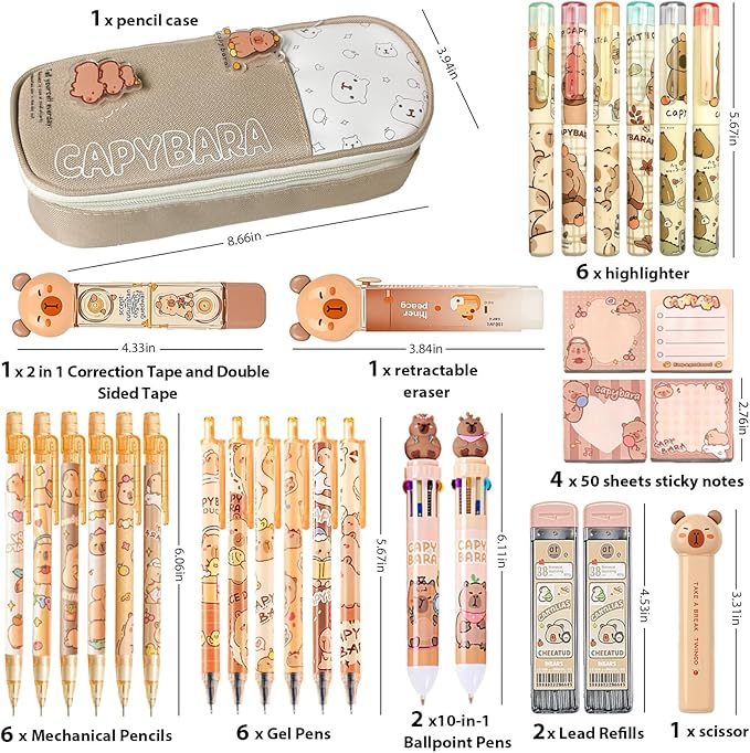 Capybara Stationery Set,Cute Capybara School Supplies,Kawaii Stationery Birthday Gifts,Includes Ballpoint Pens,Eraser, Mechanical Pencils,Correction Tape,Gel Pens,Scissors,for Office School Supplies