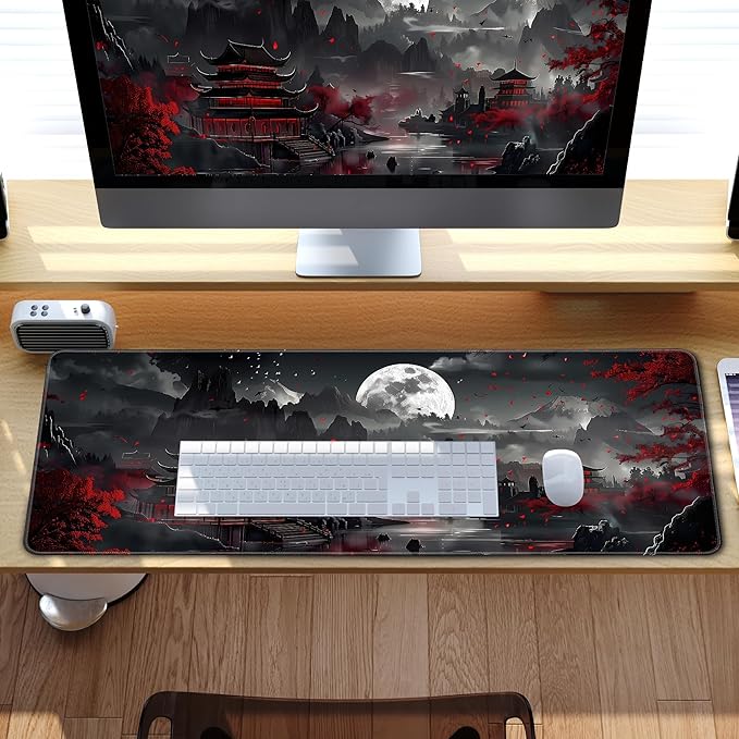 Japanese Desk Mat Riverside Full Moon Large Mouse Pad Gaming Mousepad Extended XL Keyboard Mat Computer Laptop Mouse Desktop Mat 31.5 X 11.8 Desk Decor