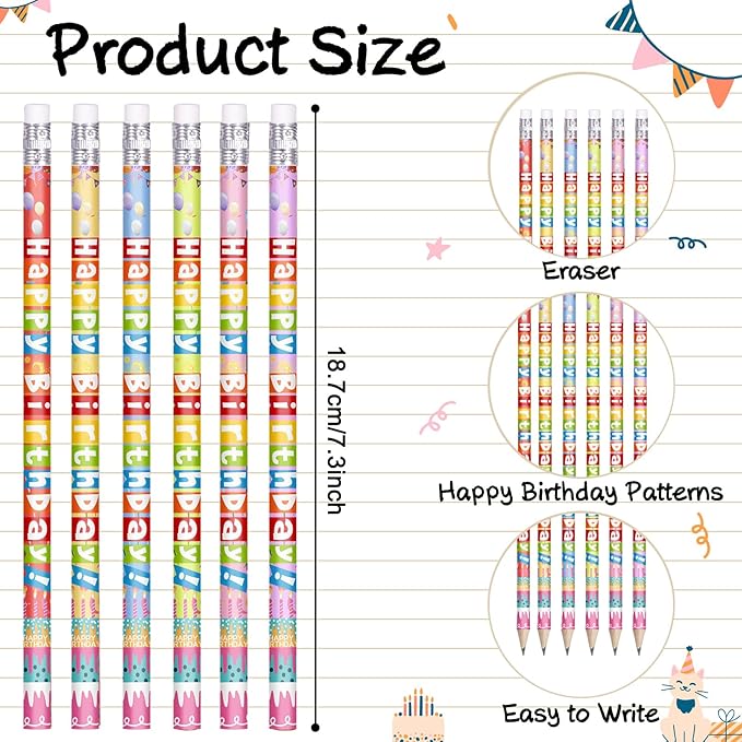 120 Pcs Happy Birthday Pencils Colorful Birthday Pencil for Students Teacher Wooden Pencils with Erasers Birthday Party Supplies, 6 Style(120)