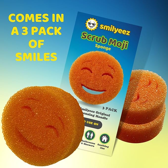 The Original Smiling Handle for Scrub Daddy and Scrub Moji Sponges (Light Blue Handle) & 3 Orange Scrub Moji Sponges