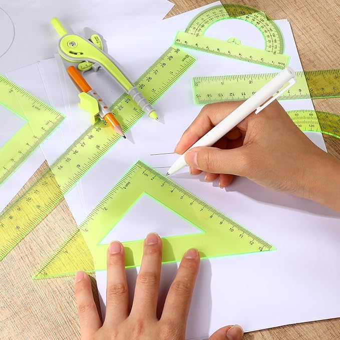 Zonon 1 Set Plastic Geometry Math Set 7 Pcs Includes 6'' / 4 '' Protractor, Drawing Compass, 45/60 Degree Triangle Rulers, 12'' / 6'' Math Ruler Transparent for Office Supplies(Yellow)