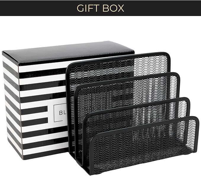 BLU MONACO Black Metal Mesh Letter Sorter – 3-Slot Mail Organizer for Desk, Office & Home – Space-Saving Vertical Mail Holder for Envelopes, Documents & Files – Sleek Desk Organizer