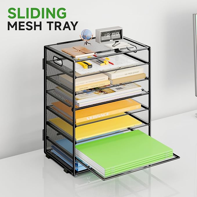 2 Pack 8 Tier Paper Organizer with Handle, Metal Mesh Desk File Organizer, Large Capacity Desk Organizers Paper Letter Tray Desktop Document Sorter for Office, Home or School - Black