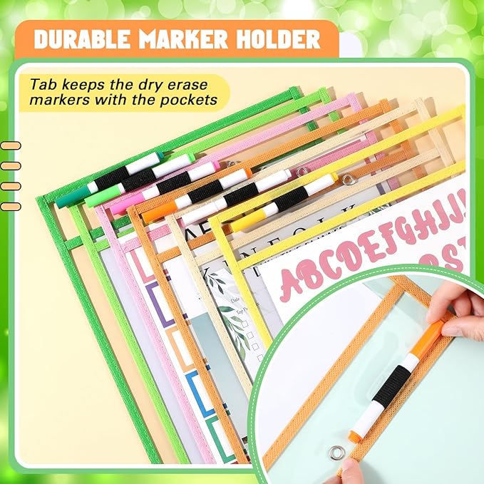 24 Pack Dry Erase Pocket Reusable Sleeves 10" x 14" Clear Plastic Sheet Protectors with Dry Erase Markers and Mini Sleeves Paper Teacher Supplies(Modern Boho)