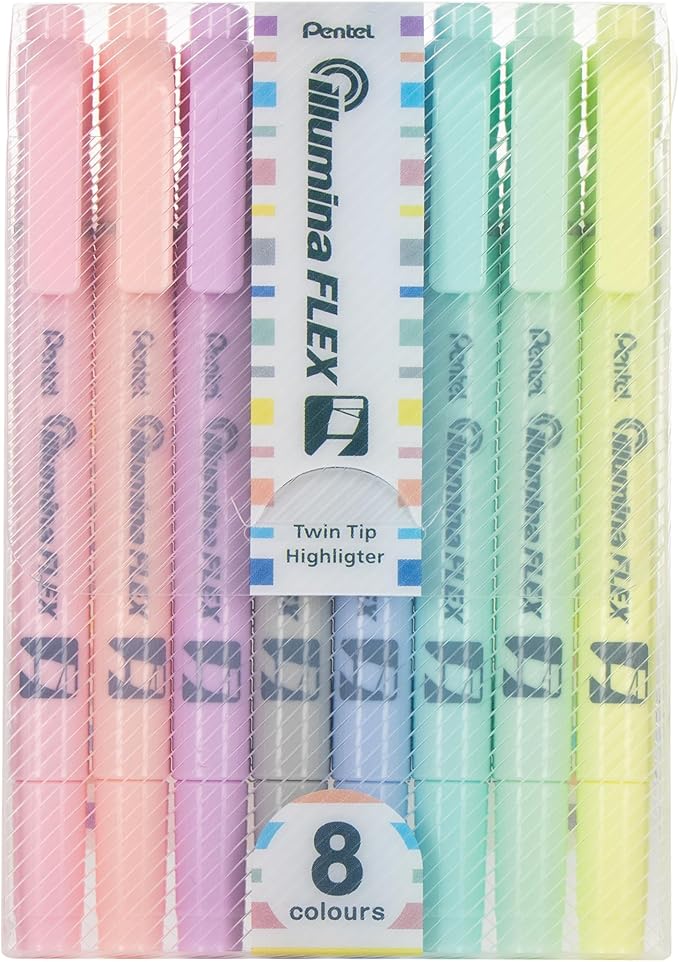 Pentel Illumina Flex Twin Tip Highlighter, Dual-Tip Marker Highlighter, Flex Tip and Chisel, 8 Asstorted Pastel Ink Colors, Pack of 8 (SLW11P-8E)