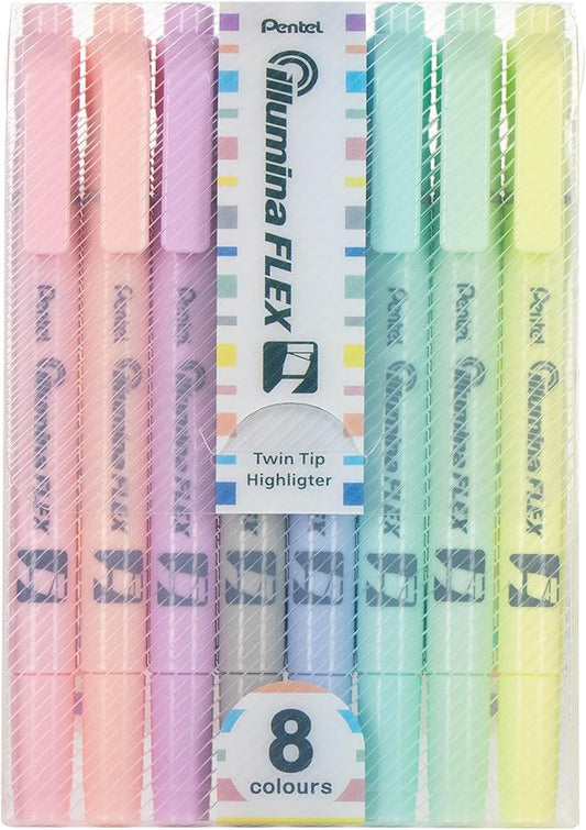 Pentel Illumina Flex Twin Tip Highlighter, Dual-Tip Marker Highlighter, Flex Tip and Chisel, 8 Asstorted Pastel Ink Colors, Pack of 8 (SLW11P-8E)