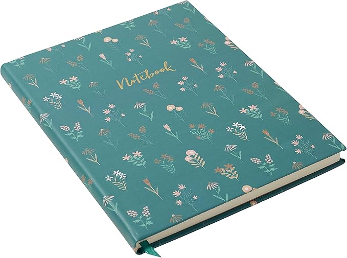 Eccolo Large Lined Journal Notebook, Hardbound Cover, Writing Journal, 256 Ruled Ivory Pages, Ribbon Bookmark, Lay Flat, Desk Size, Tiny Flowers (Green, 8x10 inches)