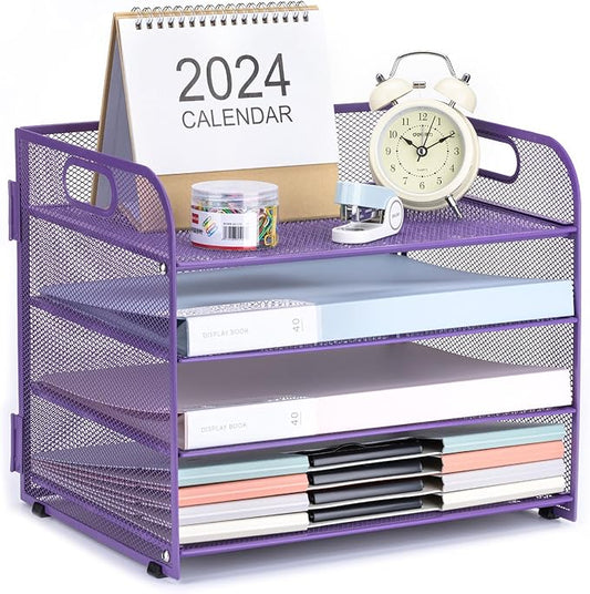 4-Tier Desk Organizer Paper Tray, Desk File Organizer with Handle, Mesh Desk Organizer Letter File Stackable Trays for Home Office Supplies and Accessories - Purple