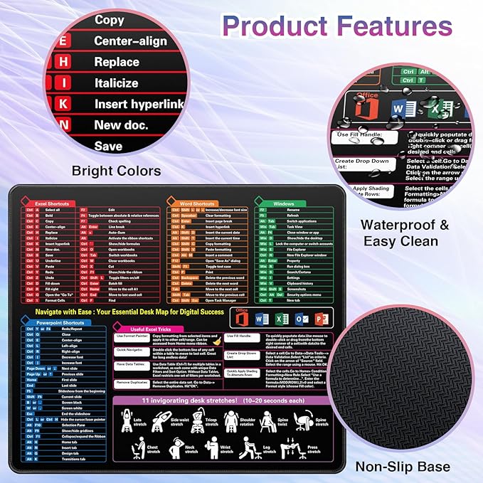 Excel Cheat Sheet Mouse Pad, Excel Shortcuts Desk Mat, Waterproof Keyboard Mousepad for Desk Office Work Computer Gaming Mouse Mat with Stitched Edges Anti-Slip (19.29"x16.53")