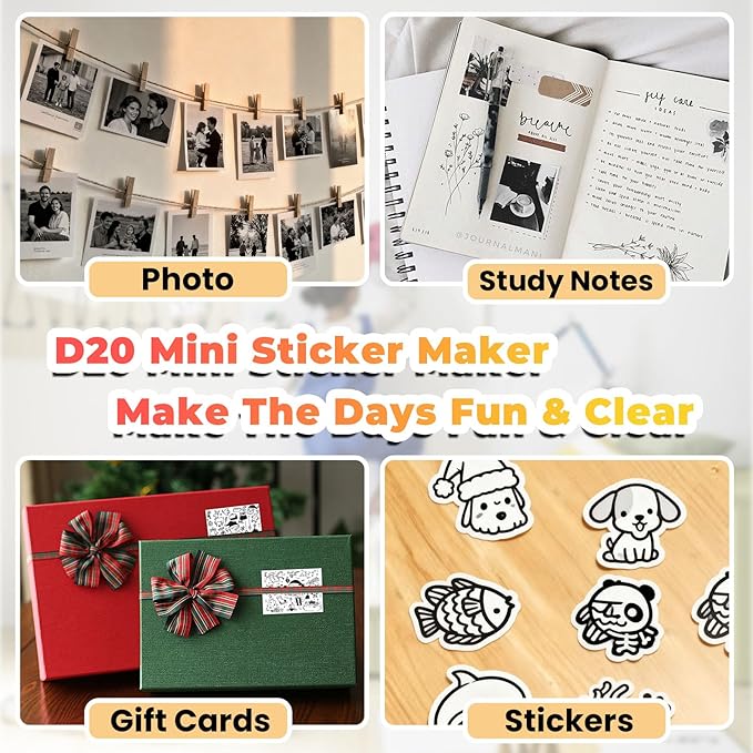 Sticker Printer Mini Print Pod, Bluetooth Thermal Sticker Maker Machine with 3 Roll Paper, D20 Portable Inkless Pocket impresora portátil Picture Label Printer for Phone DIYJournal Kids Gift