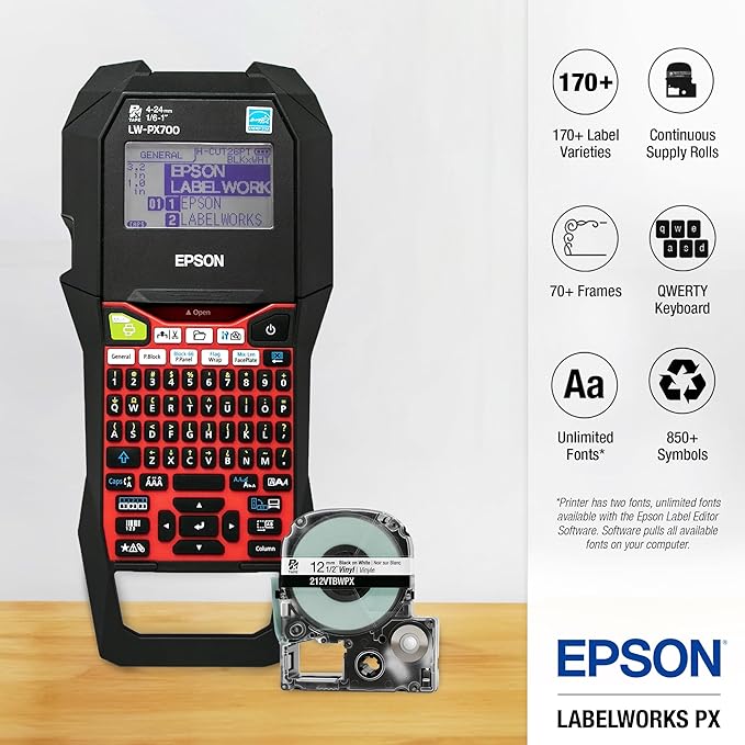 LABELWORKS Epson LW-PX700PCD Industrial Label Maker Kit and 203 Heat Shrink Tube AWG 16-22, 1/8" (3MM) Wide, 8 ft (98") Bundle