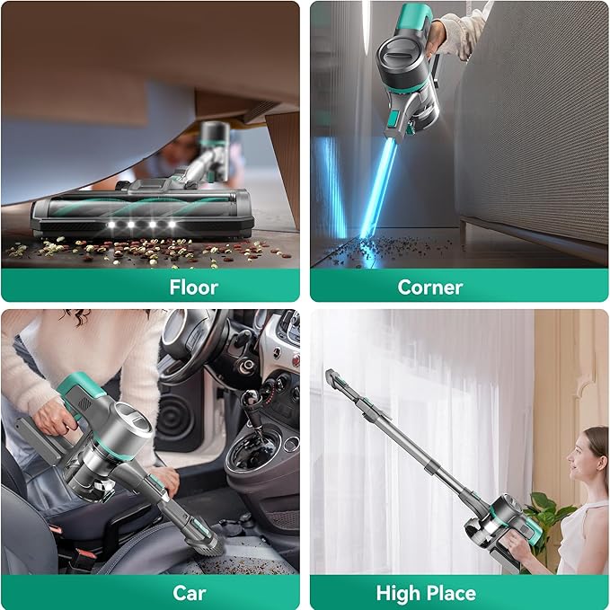 DEVOAC Cordless Vacuum Cleaner for Home, 45Kpa Lightweight Stick Vacuum with Powerful Suction, Rechargeable Battery Up to 50mins, Handheld Vacuum Cleaners for Hardwood Floor, Carpet, Pet Hair(Green)