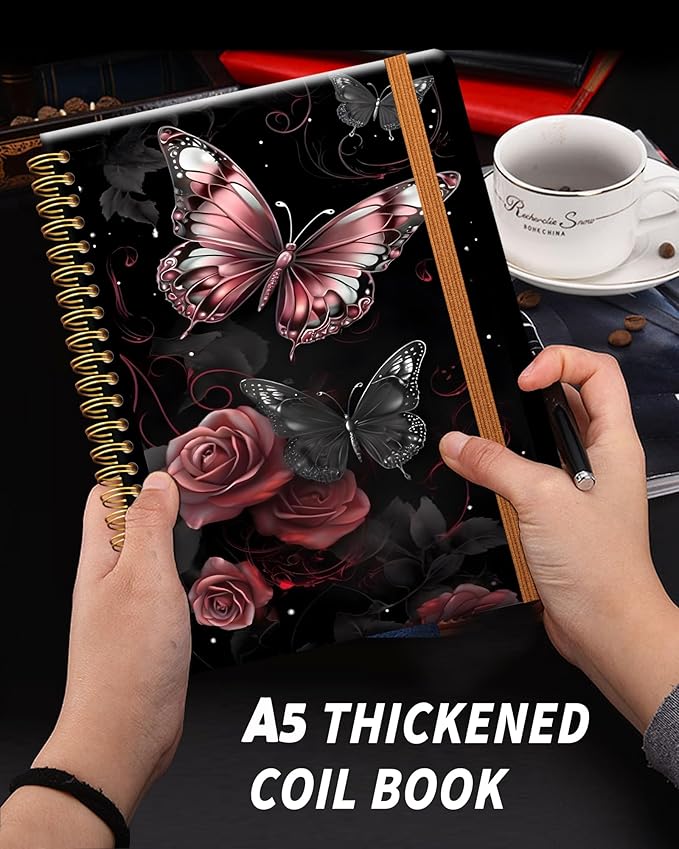 Ruled Spiral Writing Notebook,A5 Hardcover Lined College Journal for Women Lady Girl,Strong Twin-Wire Binding with Premium Paper,8.4" X 6",Perfect for School,Office,Home Gifts(rose gold butterfly)
