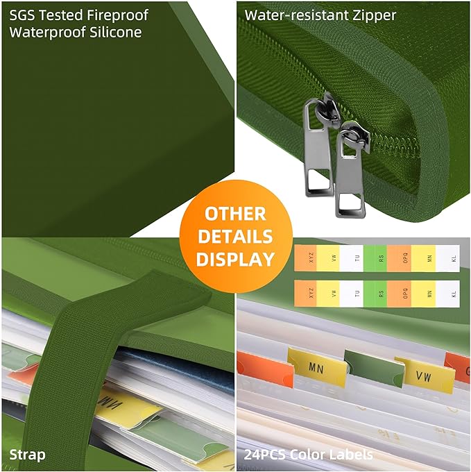 JUNDUN Accordion File Organizer - Fireproof Accordion Folder with Zipper & Labels - 12 Pocket Expanding File Folder with Multi-Pockets Paper Organizer Folder for Letter A4 Files More (Green)