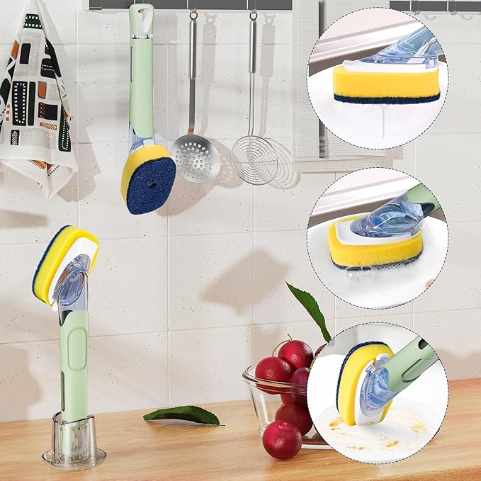 Dish Brush with Soap Dispenser Storage Set with 2 PCS Sponge Refills & Holder, Soap Dispensing Dish Brushes, Sponge with Soap Dispenser Handle, Dish Sponges with Handle for Dishes Pans Pots Sink