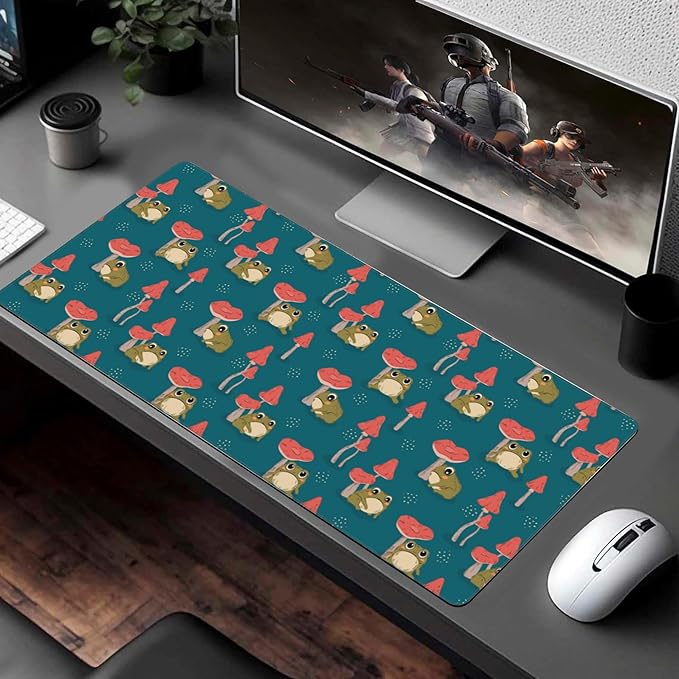 Desk Pad, Cute Green Frogs and Mushrooms Extended Large Gaming Mouse Pad XXL, Large Desk Mat for Desktop with Non-Slip Rubber Base Stitched Edges for Home Office 35.4"X15.7"