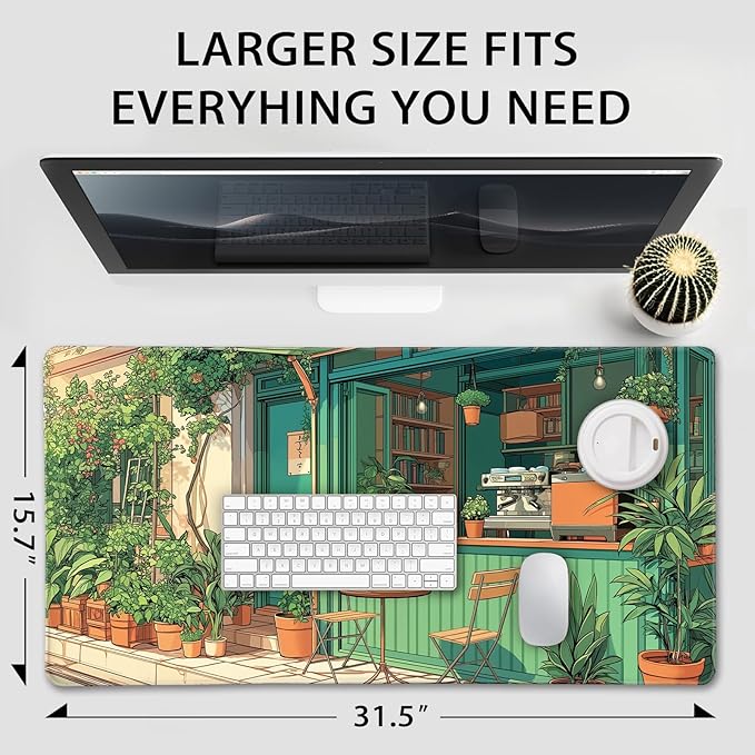 Japanese Coffee Shop Large Gaming Mouse Pad 31.5"x15.7"｜ Green Plant XXL Desk Mat, Non-Slip Rubber Base & Stitched Edges - Extended Waterproof Mousepad for PC/Laptop/Office/Home Decor