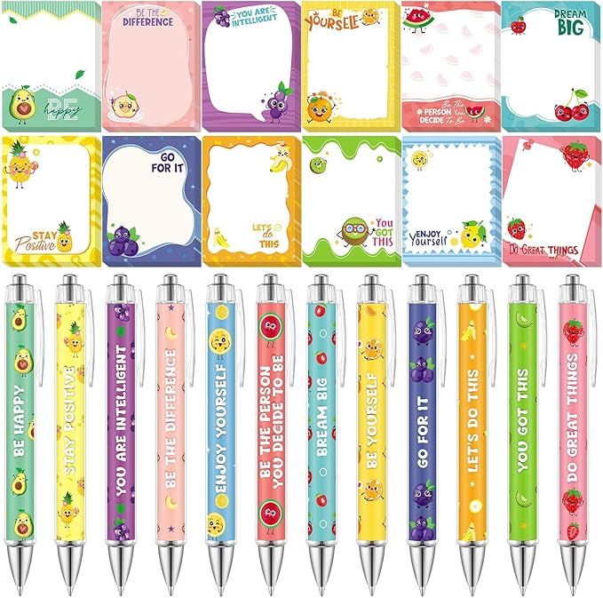 24 Pcs Fruit Themed Sticky Notes with Pens Motivational Gifts Notepad Positive Memo Notes Pads Black Ink Pen for Office School Supplies Students Teacher Employee Coworkers