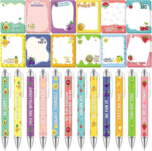 24 Pcs Fruit Themed Sticky Notes with Pens Motivational Gifts Notepad Positive Memo Notes Pads Black Ink Pen for Office School Supplies Students Teacher Employee Coworkers