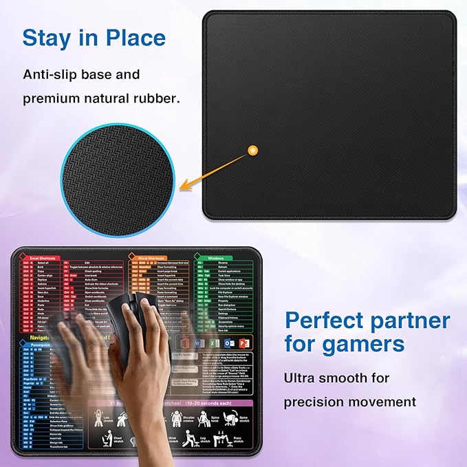 Excel Cheat Sheet Desk Pad Mat, Small Shortcuts Mouse Pad, Portable Keyboard Computer Mousepad 11.8"x9.8" with Non-Slip Stitched Edges for Laptop Office Accessorie Travel School Workplace