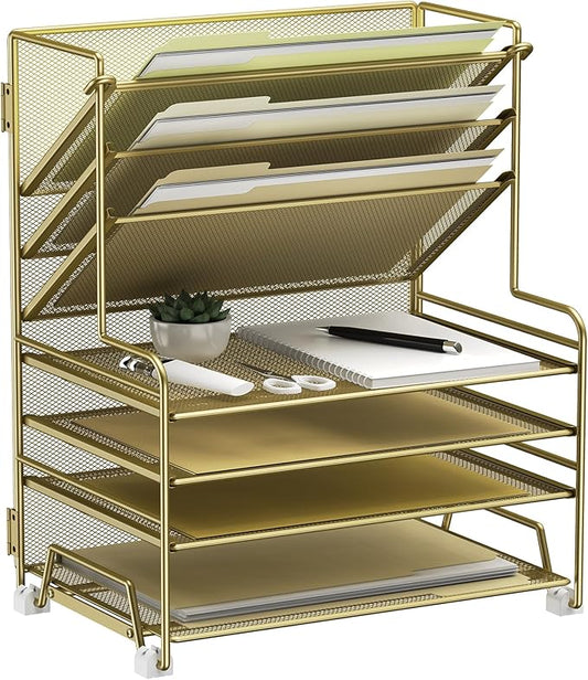 4-Tier Paper Organizer + 3-Pocket File Holder + Drawer + Pen Holders, Desktop File Organizers Paper Tray for Office Supplies School Classroom Organization (Gold, no Drawer & Pen Holder)