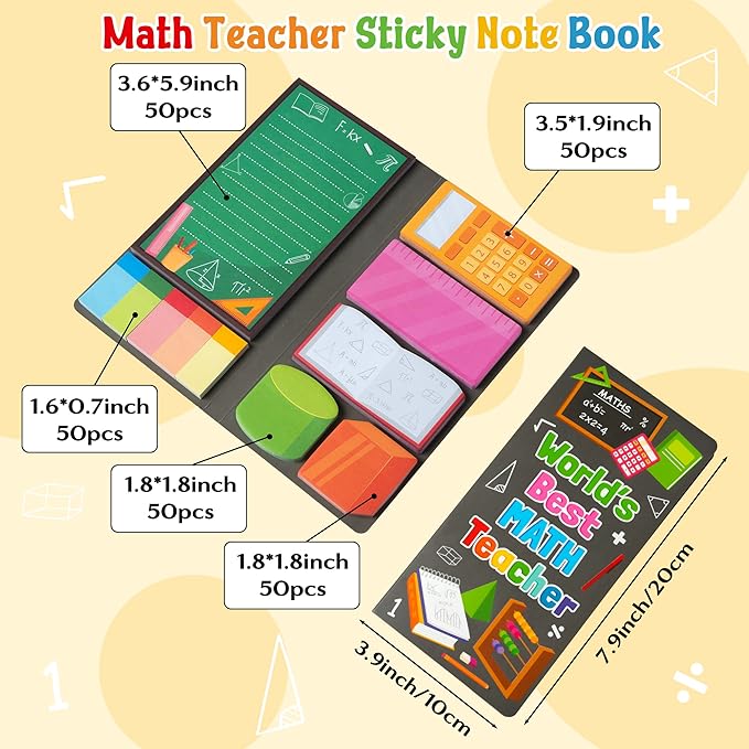 B1ykin Sticky Notes Set, Cartoon Theme Cute Self-Stick Notes Pad Teacher Appreciation Gifts， Self-Adhesive Writing Memo Pages Sticky to Do Notepad Thank You Gift for School Classroom (Math Teacher)