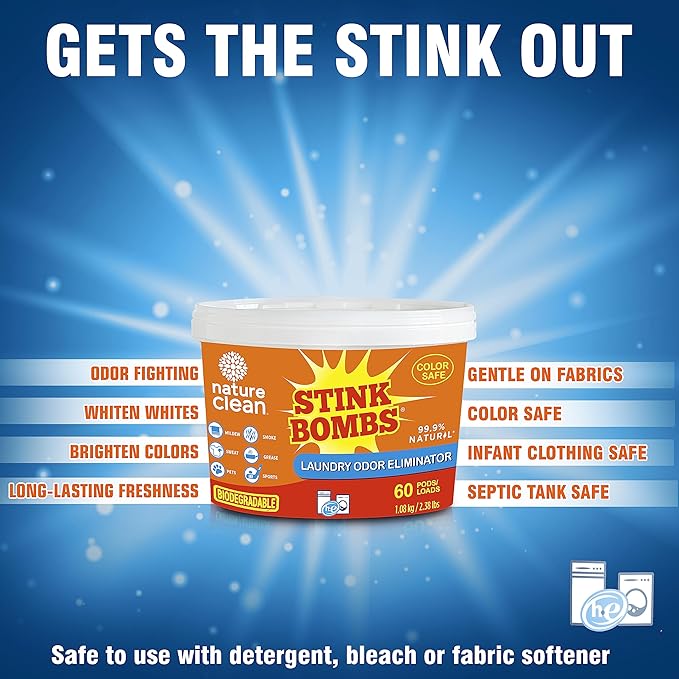 Nature Clean Stink Bombs, Natural Laundry Odor Eliminator for Clothes, Strong Odor Remover for Clothes with Pet, Sweat, Grease, Mildew & Sports Smell, Odor Remover Laundry Pods for Home Use, 60 Pods