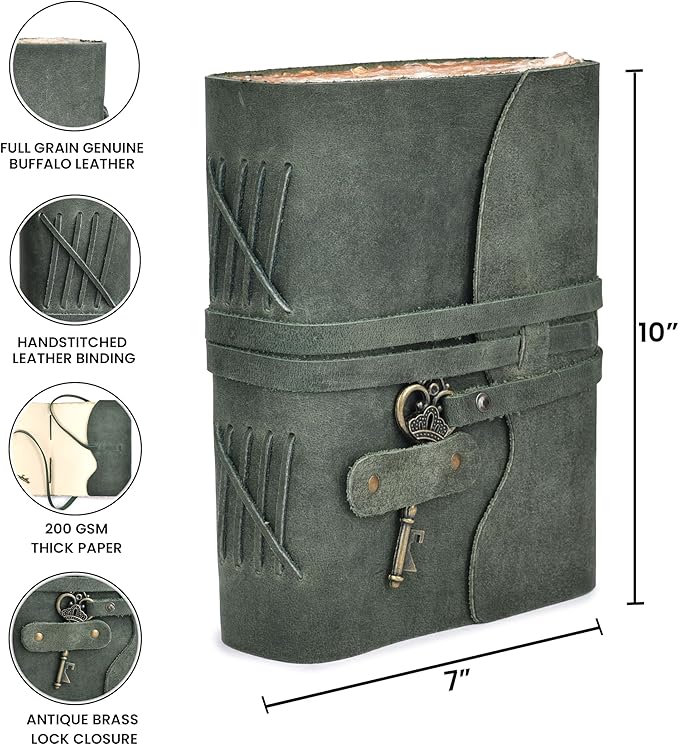 Leather Journal - Vintage Leather bound Journal For Women Men – Handmade Vintage Deckle Edge Paper – Vintage Key Closure - Book of Shadows -Leather Sketchbook - 10 inches X 7 inches