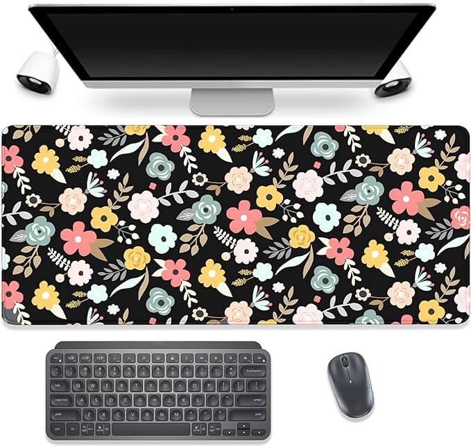 Black Cartoon Flowers Desk Pad Mouse Pad,Floral Prints Extended Large Gaming Mouse Mat with Stitched Edges,Non-Slip Waterproof Rubber Base Mousepad for Office Work Home Desk Mat(27.5X11.8 in)