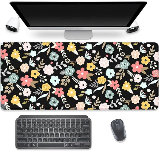 Black Cartoon Flowers Desk Pad Mouse Pad,Floral Prints Extended Large Gaming Mouse Mat with Stitched Edges,Non-Slip Waterproof Rubber Base Mousepad for Office Work Home Desk Mat(27.5X11.8 in)