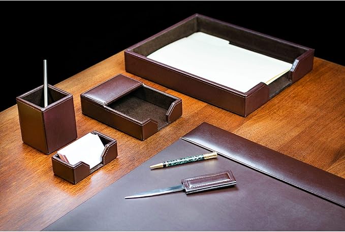Dacasso Bonded Set Luxury Leather Desk Pad & Desk Organization Essentials, 6 Piece, Dark Brown