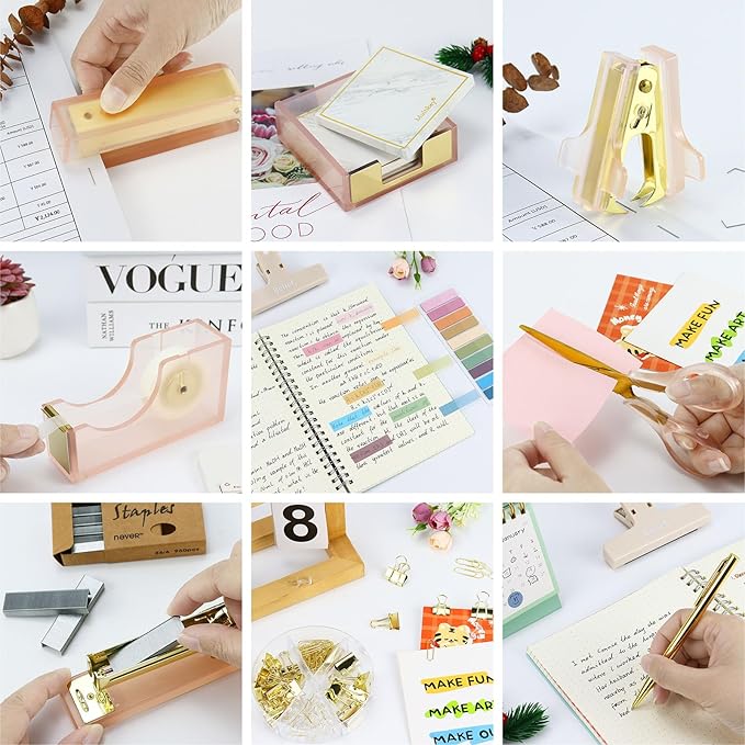 Buqoo Pink Acrylic Sticky Notes Holder Stapler and Tape Dispenser Cutter with Staple Remover, Scissor, Ballpoint Pen, Sticky Notes, Paper Clips Set for School Home N Office Supplies