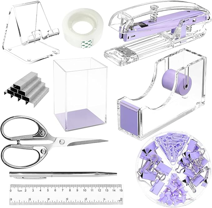 DRQ Purple Desk Organizers and Accessories Office Supplies, 10Pcs Set for Office with Stapler, Tape Dispenser, Pens, Pen Holder, Phone Holder, Tape, Ruler, 1 Box Staple, Scissors and 1 Box of Clip