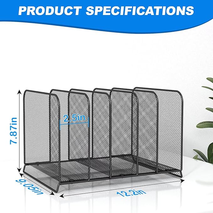 5 Sections File Rack,Mesh File Sorter File Folder Holder with Cylinder Edging,Sturdy Not Bent, Metal Desk Organizer Desktop Organization for Document Newspaper Magazine,1 Pack