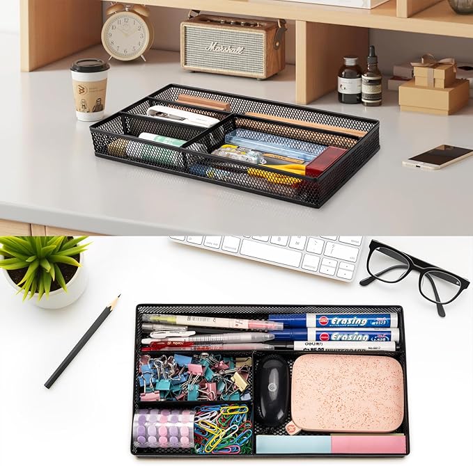 Desk Drawer Organizer Tray,Drawer Organizer for Office and Home,Desk Organizer with Drawers,4 Compartments,Non-Slip Desk Organizers and Accessories for Stationery Makeup School (Black)