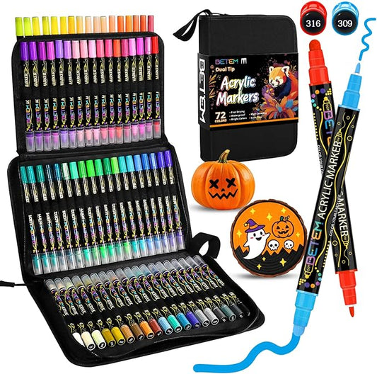 Betem Acrylic Paint Markers Pens, Dual Tip 72 Colors Premium Paint Pens Acrylic Markers for Wood, Fabric, Canvas, Stone, Rock Painting, Glass, Ceramic Surfaces, DIY Crafts Making Art Supplies with Bag