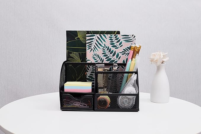 Annova Mesh Desk Organizer Office with 7 Compartments + Drawer/Desk Tidy Candy/Pen Holder/Multifunctional Organizer (Black)