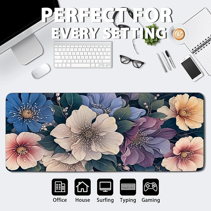 BlueFloral Gaming Mouse Pad, Extra Large Computer Keyboard Mousepad, Flower Mouse Mat Big with Non-Slip Base Stitched Edge, Birthday Gift for Women Men, Long Desk Mat for Home Office 15.7”x 35.4” XXL