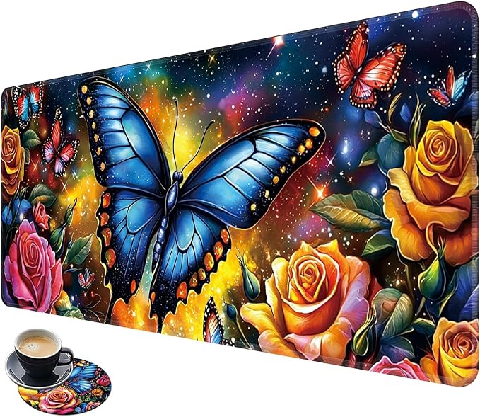 Desk Mat Large Gaming Mouse Pad (31.5x11.8 inch) with Stitched Edges, XL Mouse Pad +Coaster, Extended Mouse Mat Keybroad Mousepad Non-Slip Rubber for Gamer Men Women, Butterfly Color Roses