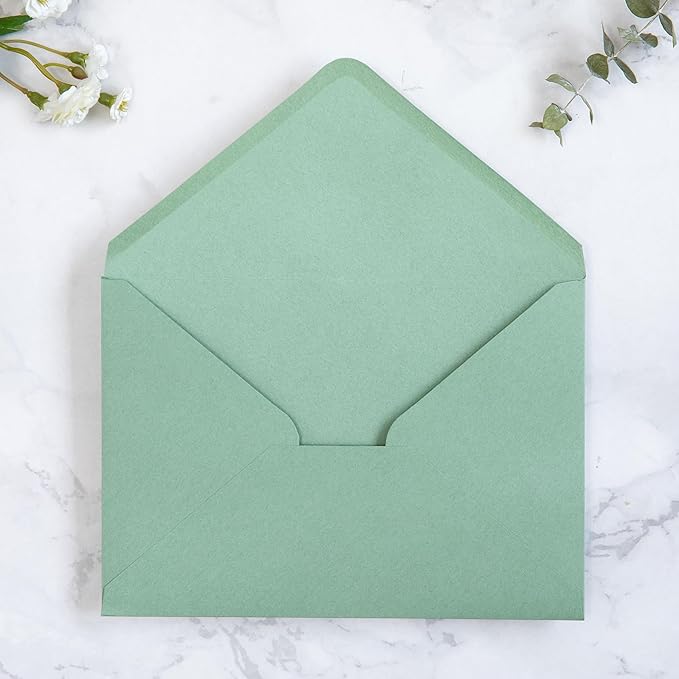 PONATIA 50PCS A7 Envelopes, 5.25x7.5 Sage Green Envelopes, Perfect for 5x7 Wedding Invitation Cards, Christmas Gift Cards, Greeting Cards, Birthday Baby Shower Invitations