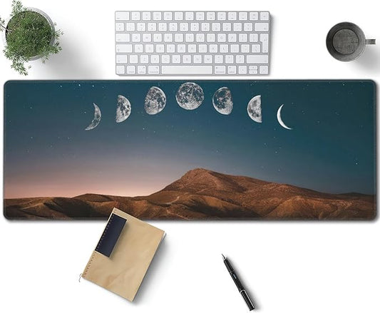 Dawn Moon Phase Large Mouse Pad, Mountains Gaming Desk Mat, XL Keyboard Desk Pad Mat for Desktop, 31.5"x11.8" Non-Slip Base Big Mousepad with Stitched Edges