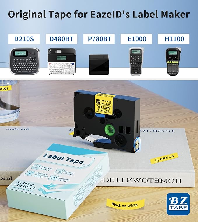 TZe-631 TZ 12mm 0.47 Laminated Black on Yellow Compatible with P Touch Label Tape TZe631 Refills for Ptouch PTH110 PT-D220 D210 D400 D600 H103W 2040 Label Maker, 4-Pack