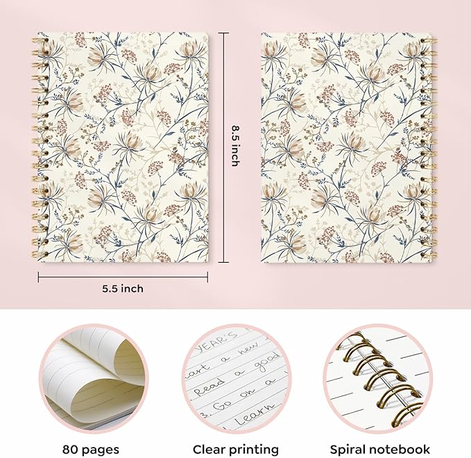 Vintage Boho Floral Journal Notebooks, Farmhouse Wildflower College Ruled Notebooks for Note Taking, Flower Pretty Journal Journaling, Spiral Notebook 5.5x8.3