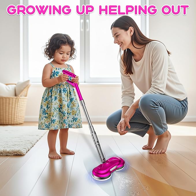 BLAXTEM Kids Electric Spray Spin Mop Toy, Rechargeable Cordless Electric Mop W/Water Sprayer & LED Headlight for Children Ages 3 4 5 6+ Boys & Girls, Cleaning Toy for Pretend Play (Rose Red)