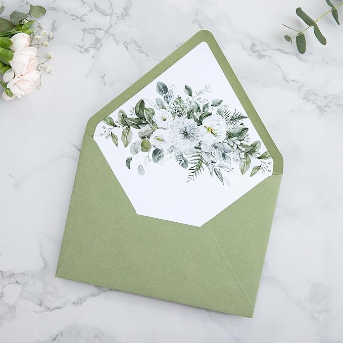 PONATIA 50PCS A7 Euro Flap Envelopes, 5.25 x 7.25'' Sage Green Flowers Liner Envelope for Wedding Invitations, Photos, Postcards, Greeting Cards, Christmas Gift, Acrylic Mailing, 5 x 7 Envelopes