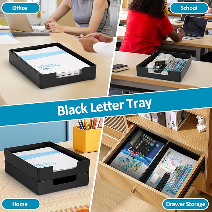 Stackable Letter Tray Paper Organizer, A4 Size Desk Holder for Letter Paper/Stationery/Desk Accessories, Black Holder File Organization for Office, School, Home Storage (2 Pack)