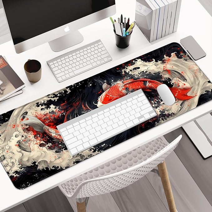 Japanese Koi Fish Gaming Mouse Pad, Extended Large Yin and Yang Desk Mat, Computer Keyboard Laptop Mousepad for Work, Office and Home, XL