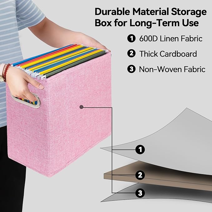 4 Packs Letter Size File Organizer, File Folders Organizer, Fabric Storage Box, Collapsible Paper Organizer with Metal Handle, Smooth PVC Rails, Only Box (Pink)