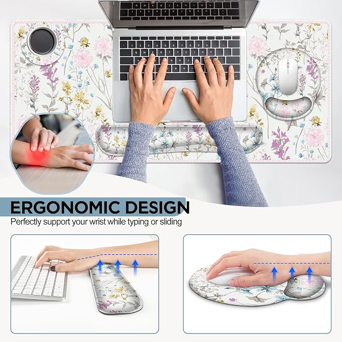 AIMSA Large Mouse Pad and Keyboard Wrist Rest, Desk Pad for Keyboard and Mouse, Large Gaming Mouse Pad with Wrist Support Combo, Desk Mat for Study Game, Wildflower Floral